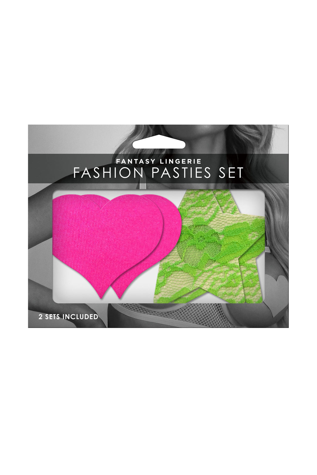 Fashion Pasties Set - Neon Pink Satin Heart and  Neon Green Lace Star