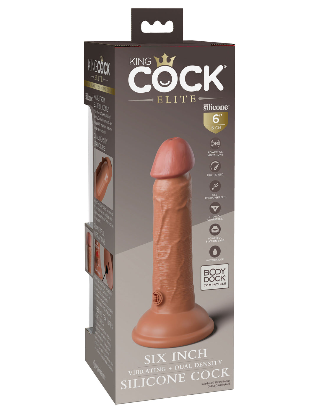 King Cock Elite 6 Inch Vibrating Silicone Dual  Silicone Dual Density Cock - Tan