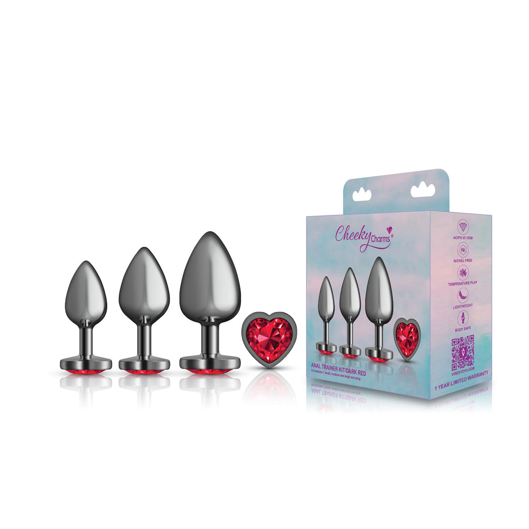 Cheeky Charms - Metal Butt Plug Gunmetal - Heart Dark Red - Anal Trainer Kit