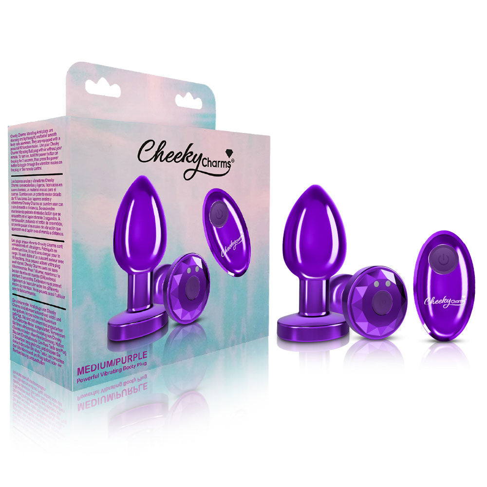 Cheeky Charms - Rechargeable Vibrating Metal Butt  Plug With Remote Control - Purple - Medium