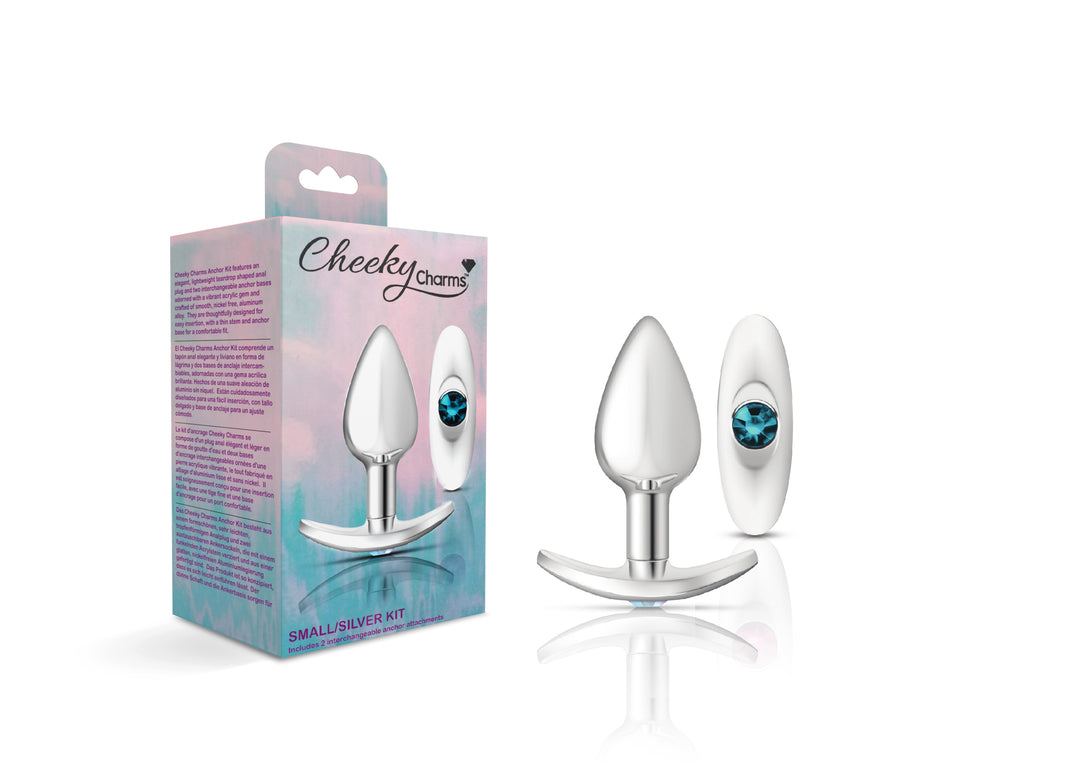 Cheeky Charms-Silver Metal Butt Plug Kit- Clear/teal