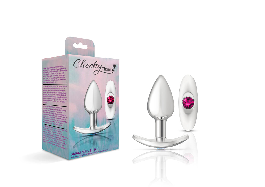 Cheeky Charms-Silver Metal Butt Plug Kit -Clear/bright Pink