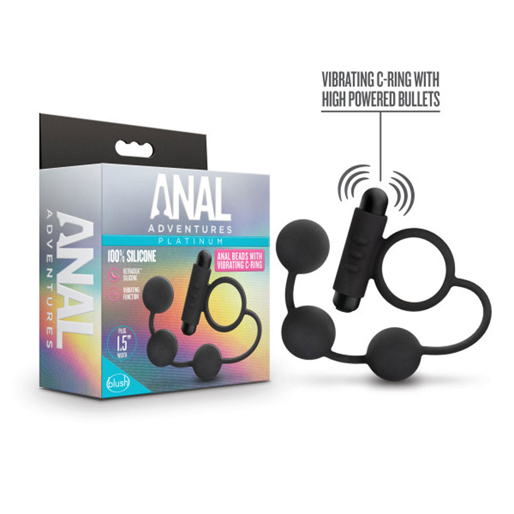 Anal Adventures - Platinum - Silicone Anal Ball  With Vibrating C-Ring - Black