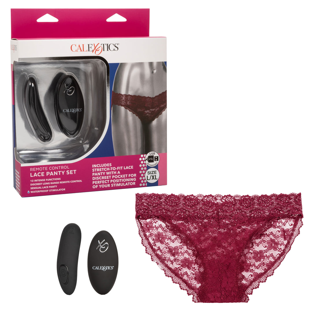 Remote Control Lace Panty Set - L/ XL - Burgundy