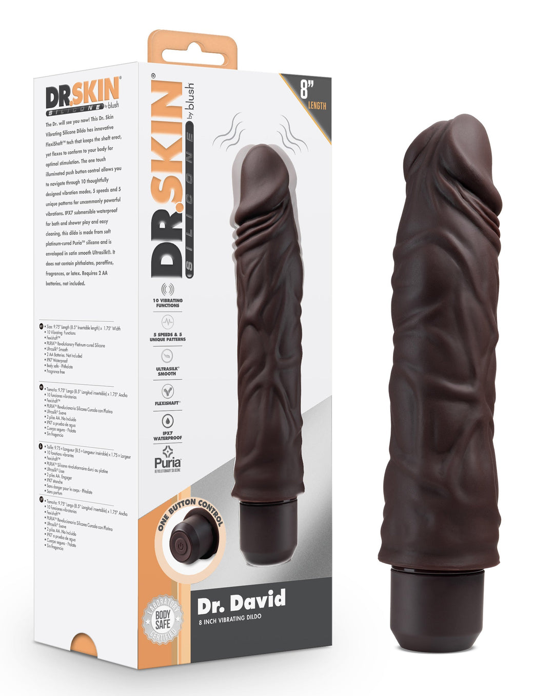 Dr. Skin Silicone - Dr. David - 8 Inch Vibrating  Dildo - Brown