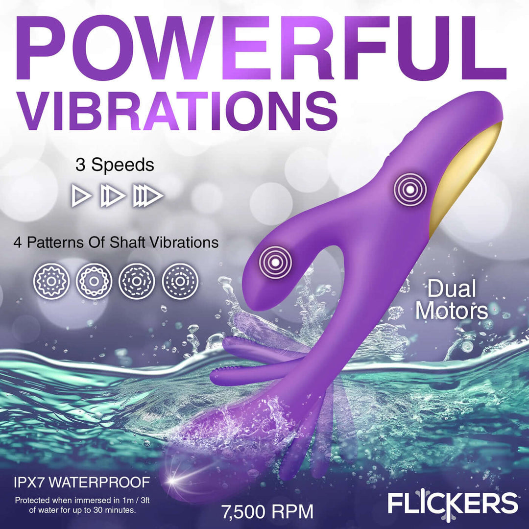 Tri-Flick Flicking Silicone Rabbit Vibrator -  Purple