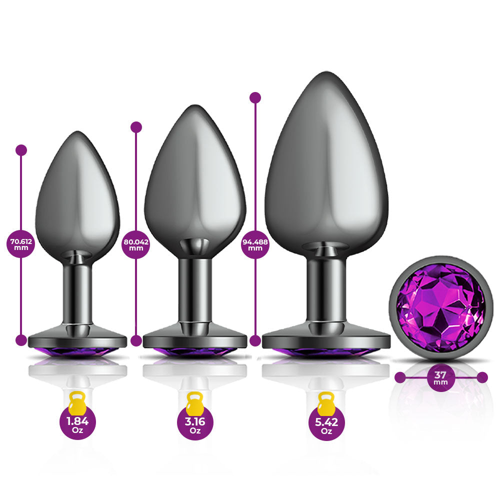 Cheeky Charms - Metal Butt Plug Gunmetal - Round - Deep Purple - Anal Trainer Kit