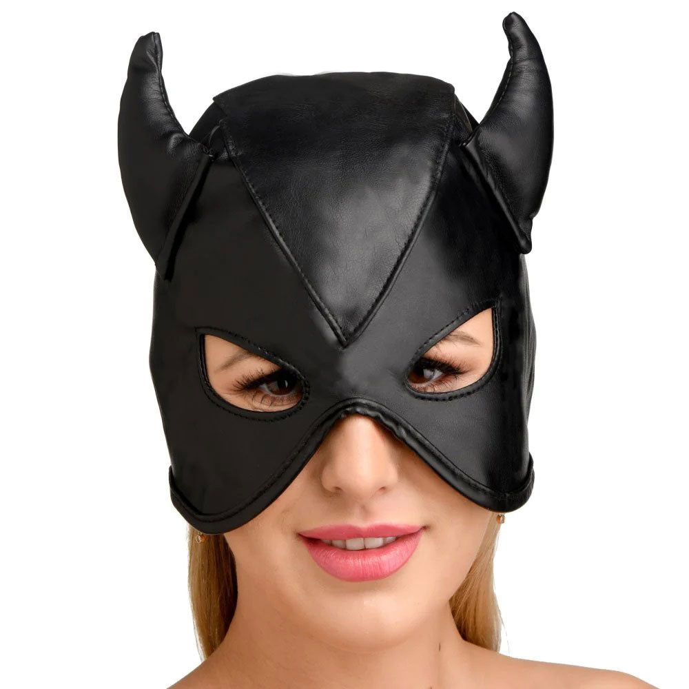 Dungeon Demon Bondage Hood With Horns - Black