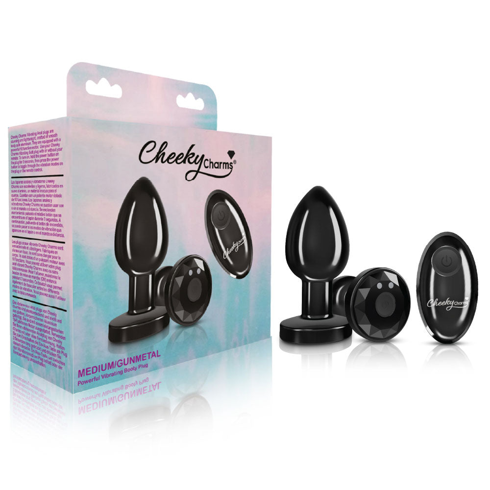 Cheeky Charms - Rechargeable Vibrating Metal Butt  Plug With Remote Control - Gunmetal - Medium