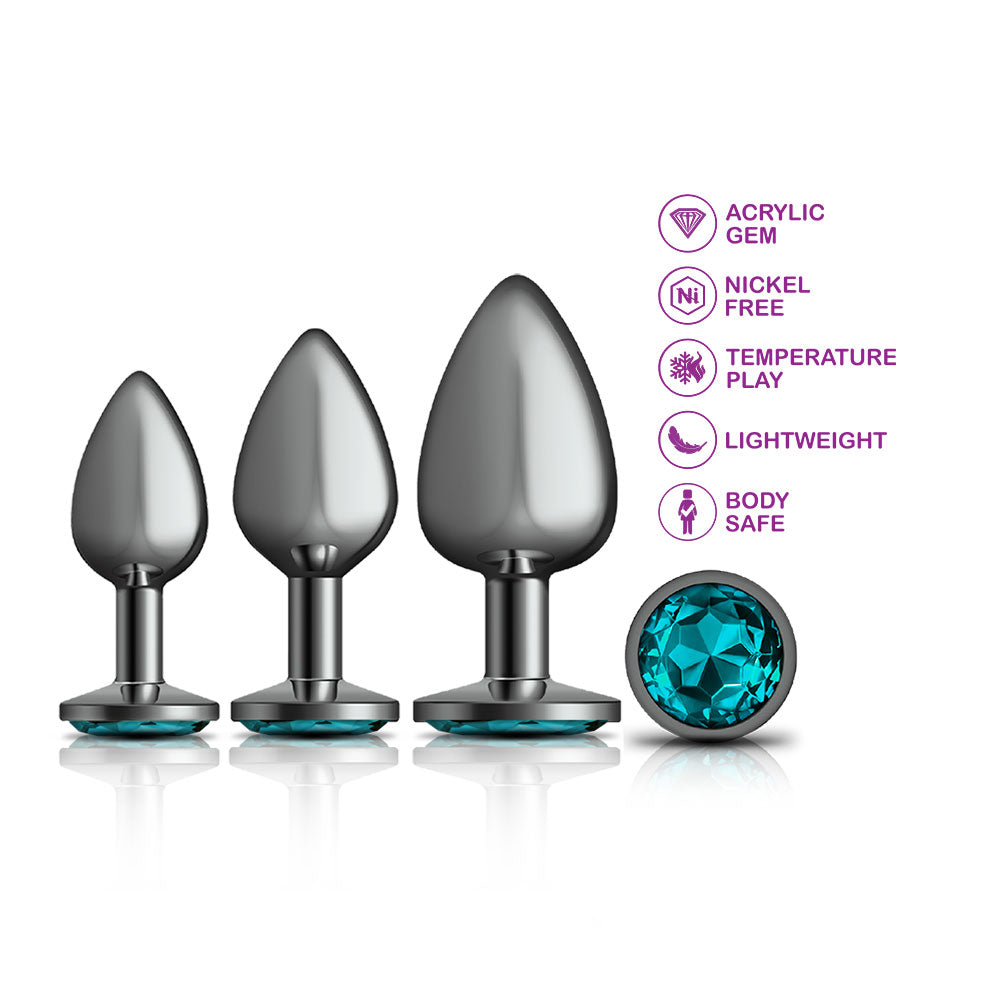 Cheeky Charms - Metal Butt Plug Gunmetal - Round - Teal -  Anal Trainer Kit