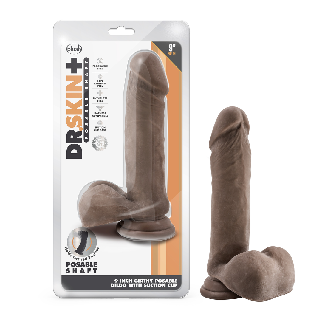 Dr. Skin Plus - 9 Inch Thick Posable Dildo With  Balls - Chocolate