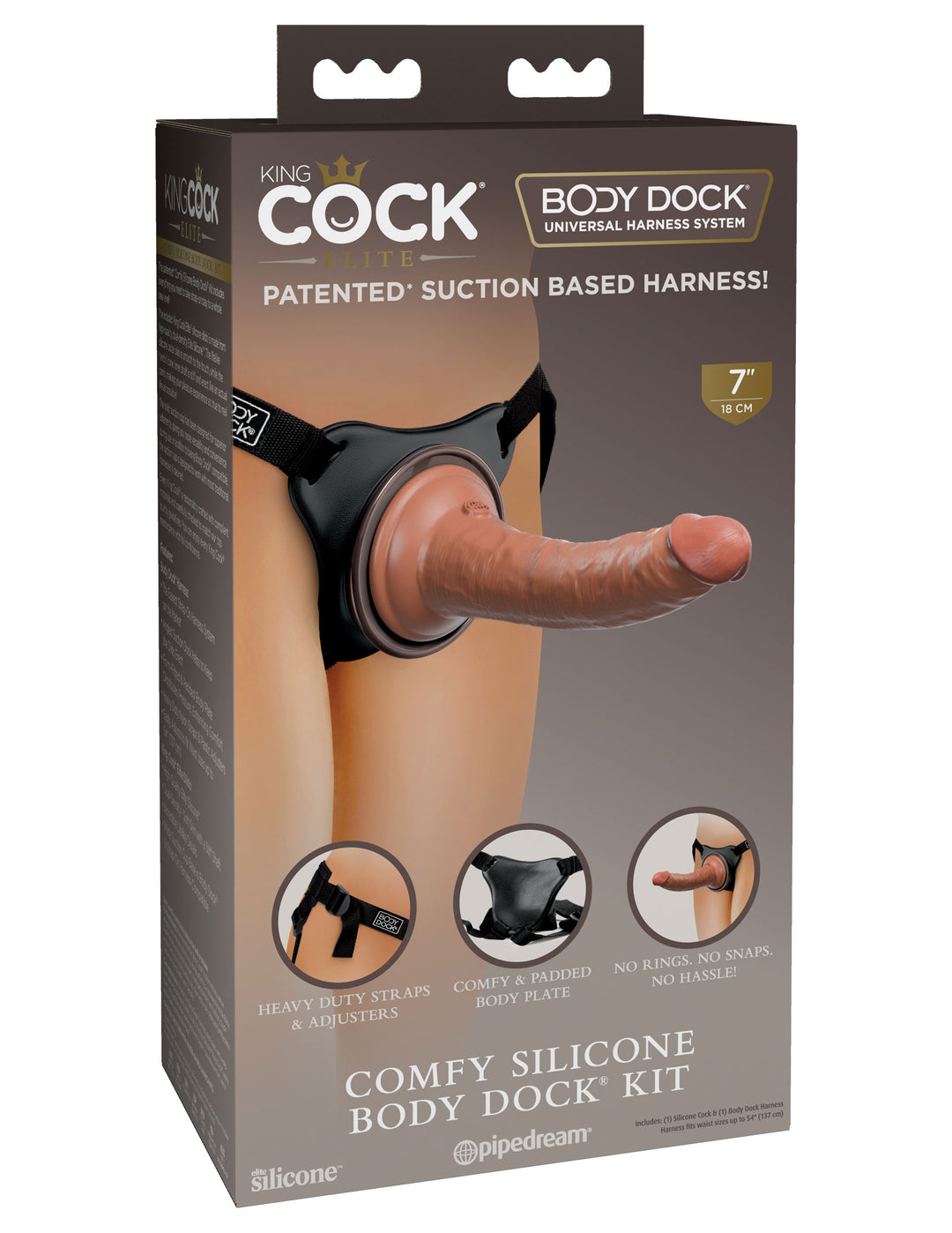 King Cock Elite Comfy Silicone Body Dock Kit -  Harness and 7 Inch Dildo - Tan