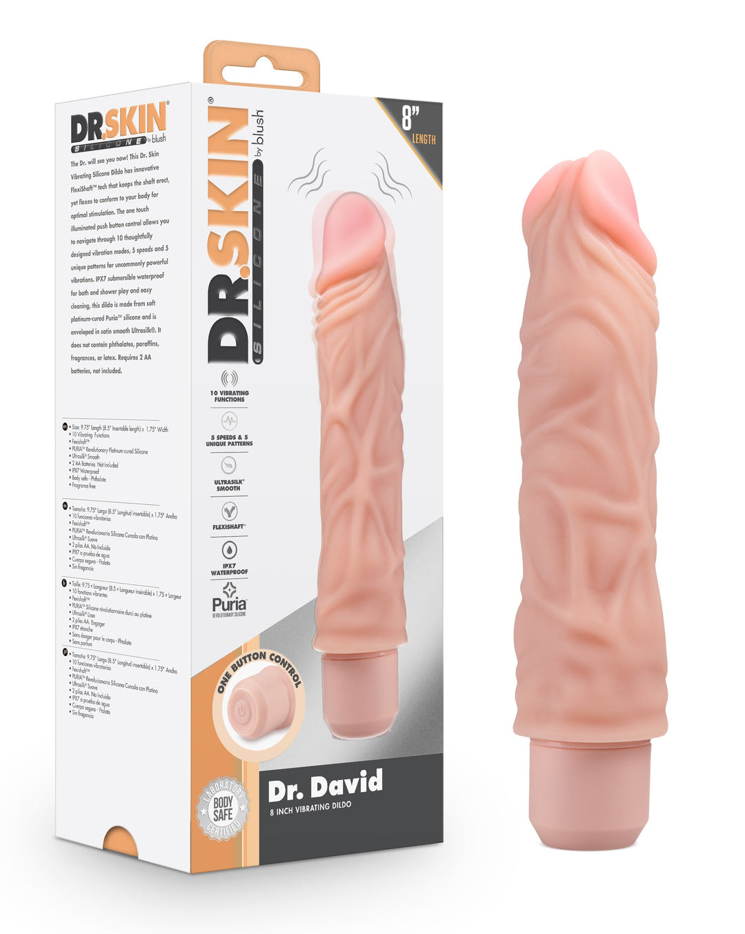 Dr. Skin Silicone - Dr. David - 8 Inch Vibrating  Dildo - Beige