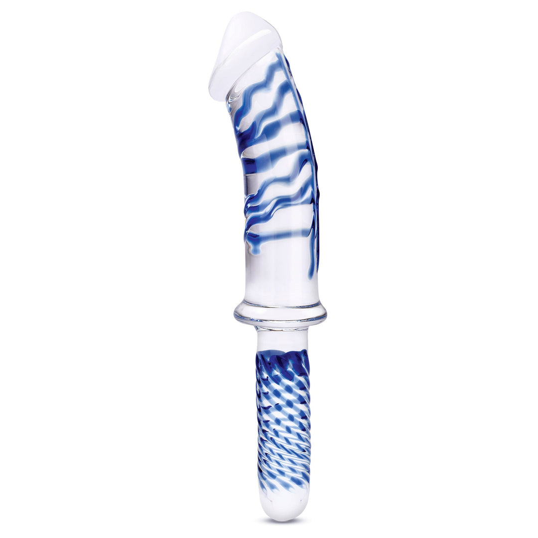 11 Inch Realistic Double Ended Glass Dildo With  Handle - Blue/clear