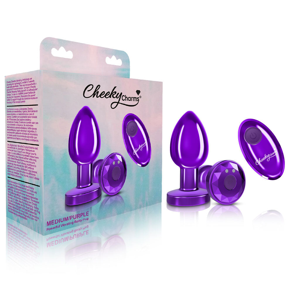 Cheeky Charms - Rechargeable Vibrating Metal Butt  Plug With Remote Control - Purple - Medium